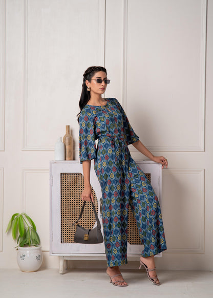 Juniper Teal Floral Printed Viscose Jumpsuit With Belt