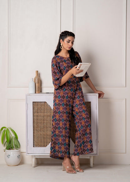 Juniper Wine Floral Printed Viscose Jumpsuit With Belt