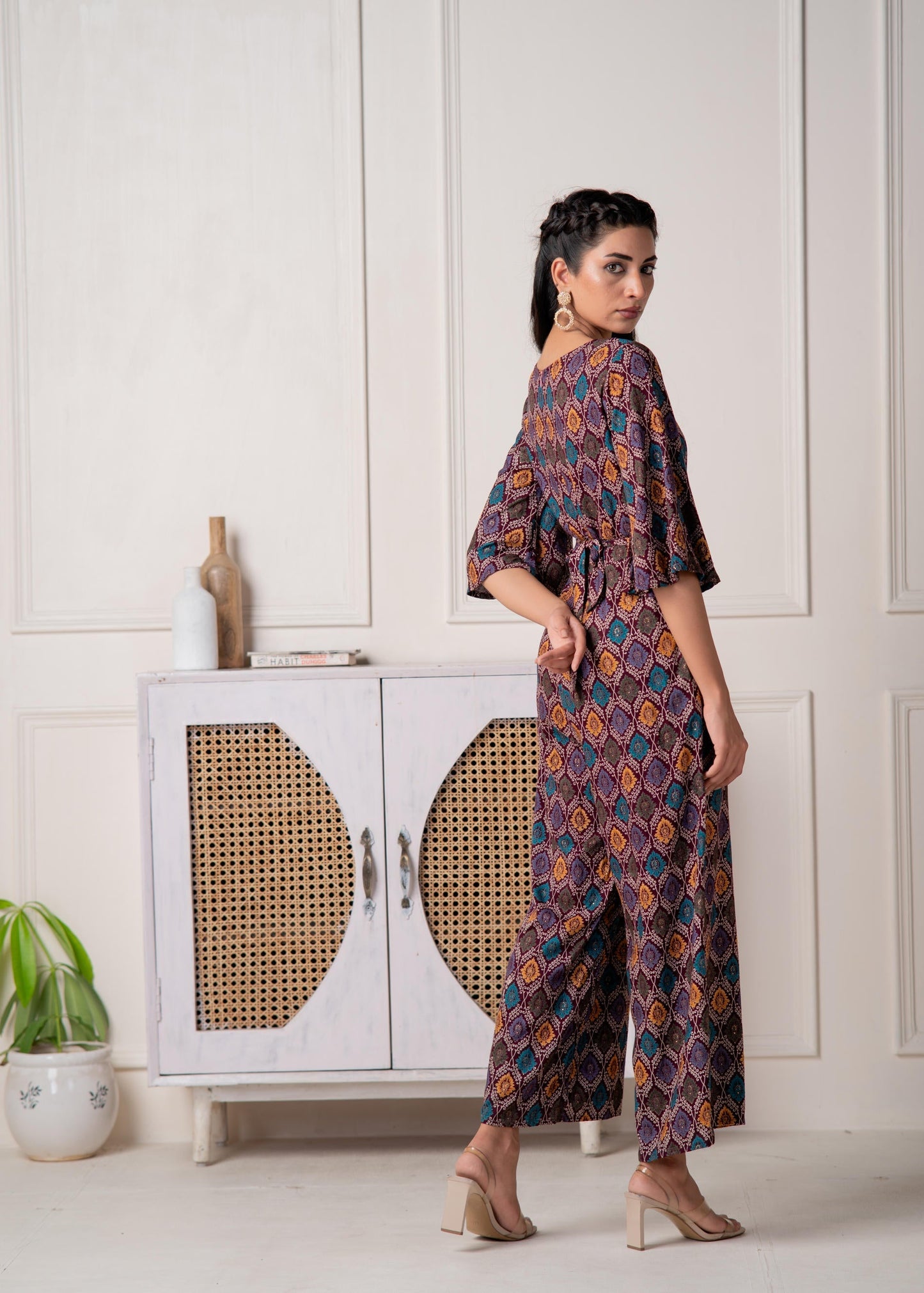 Juniper Wine Floral Printed Viscose Jumpsuit With Belt