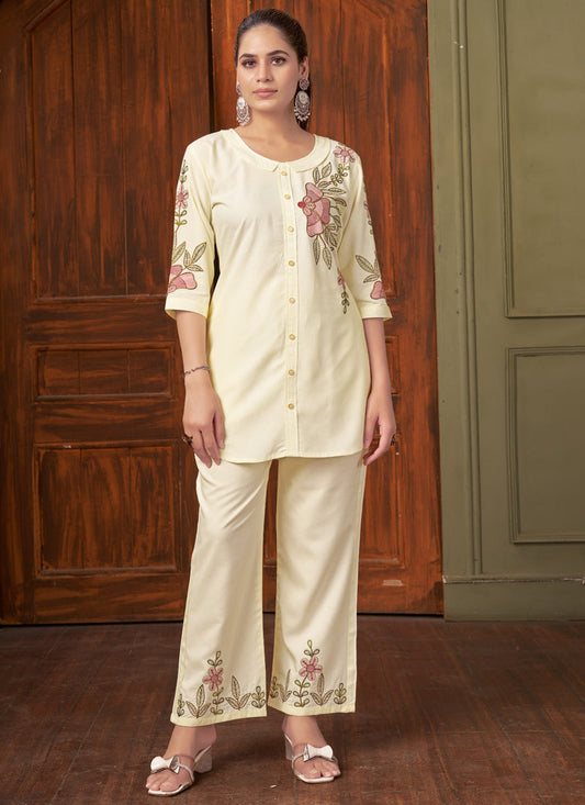 Prazu Fashion Off White Rayon Multi Embroidery Thread Work Co-Ords Set