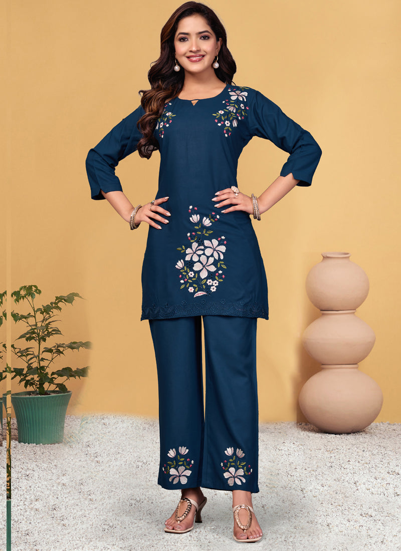 Prazu Fashion Blue Rayon Embroidery Thread Work Co-Ords Set