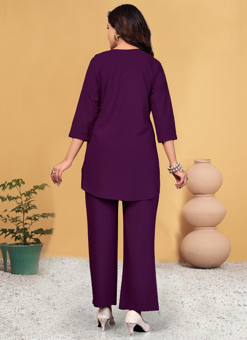 Prazu Fashion Purple Viscose Rayon Embroidery Thread Work Co-Ords Set