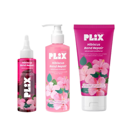 Plix hair care products with pink and white design on a white background