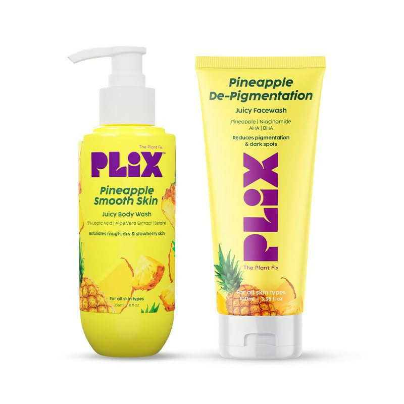 Plix Pineapple Smooth Skin body wash and de-pigmentation face wash on a white background