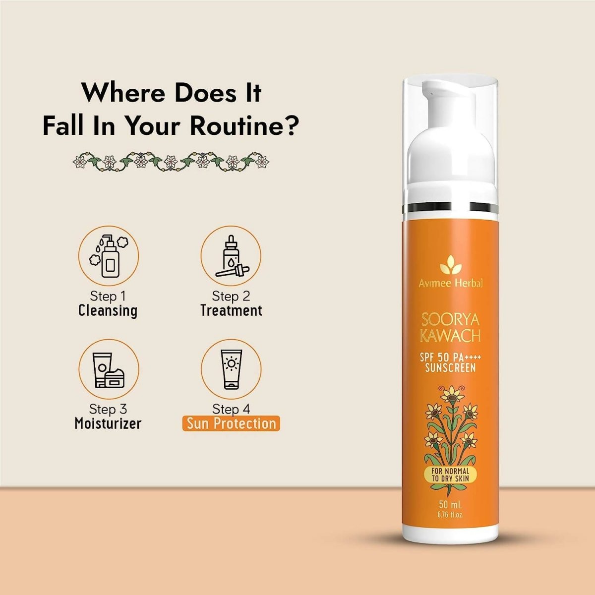 Avimee Herbal Soorya Kawach Sunscreen SPF 50 PA++++ For Normal & Dry Skin