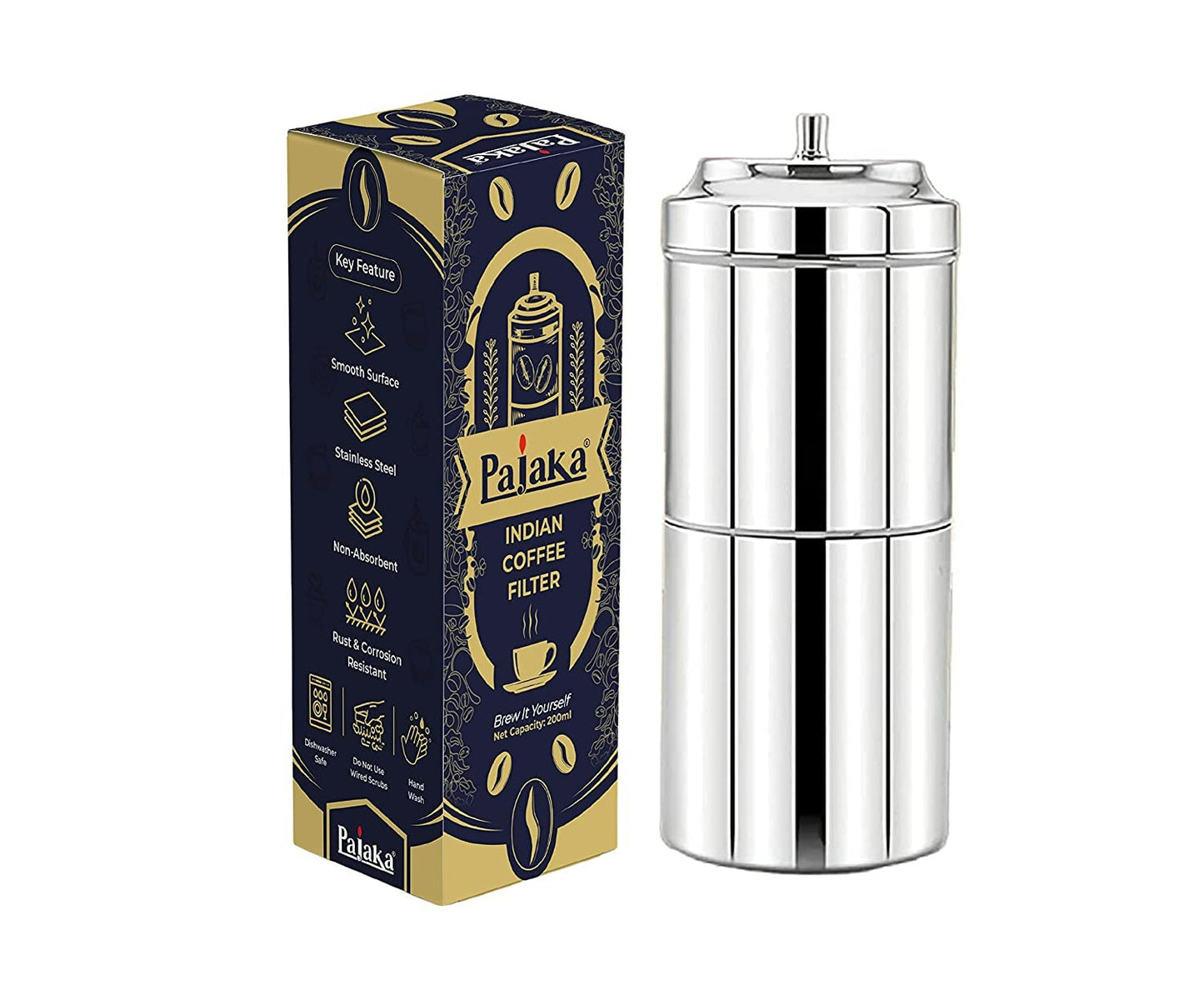 Silver coffee filter with Palaka packaging on a white background