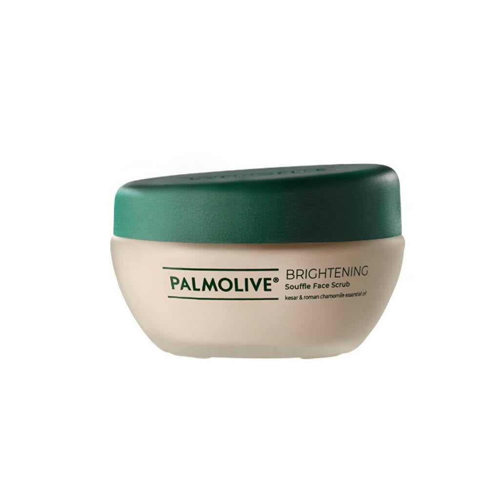 Palmolive brightening souffle face scrub jar with green lid on a white background