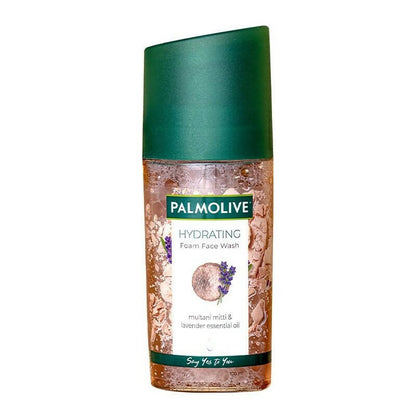 Palmolive hydrating foam face wash bottle with green cap on a white background