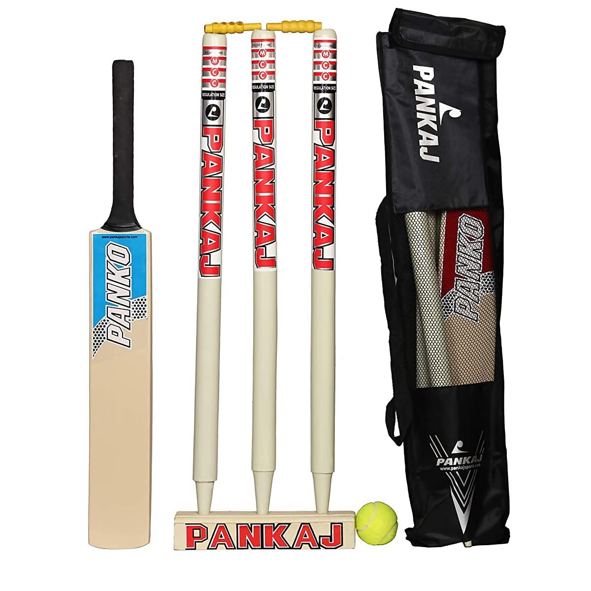 Cricket bat, stumps, ball, and pouch with 'Pankaj' branding on a white background