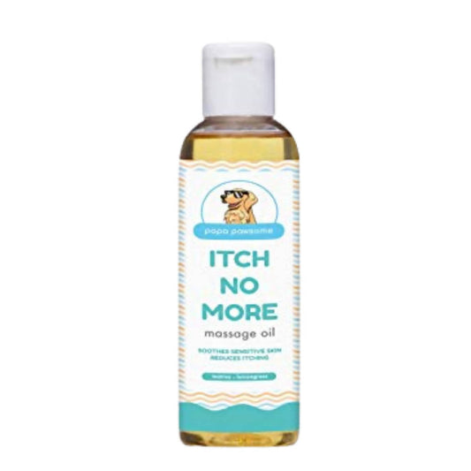 Bottle of 'Itch No More' massage oil on a white background