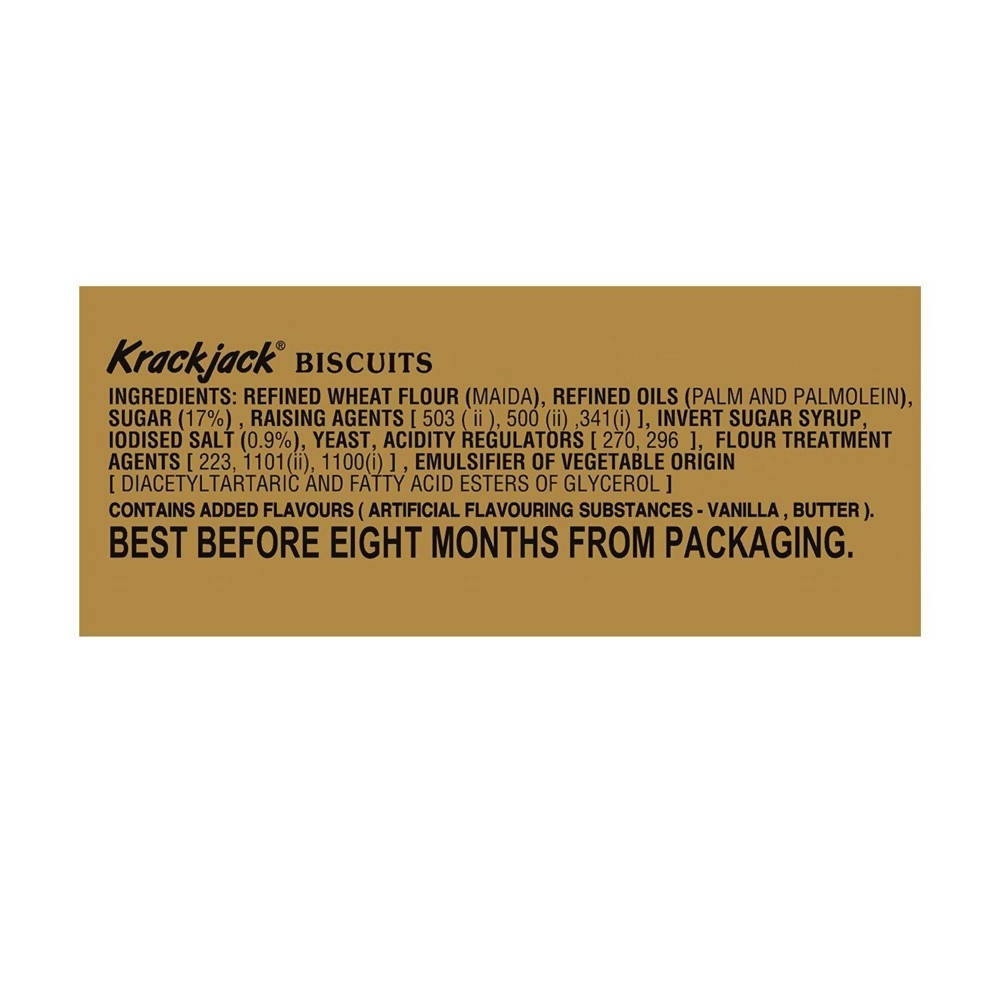 Krackjack biscuits ingredient label on a gold background