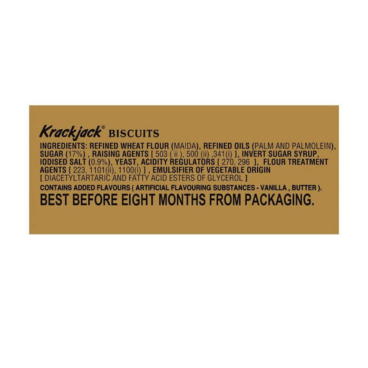 Krackjack biscuits ingredient label on a gold background