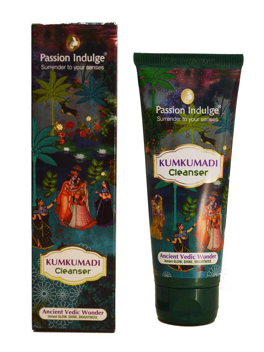 Kumkumadi Cleanser tube and packaging with artistic design on a white background