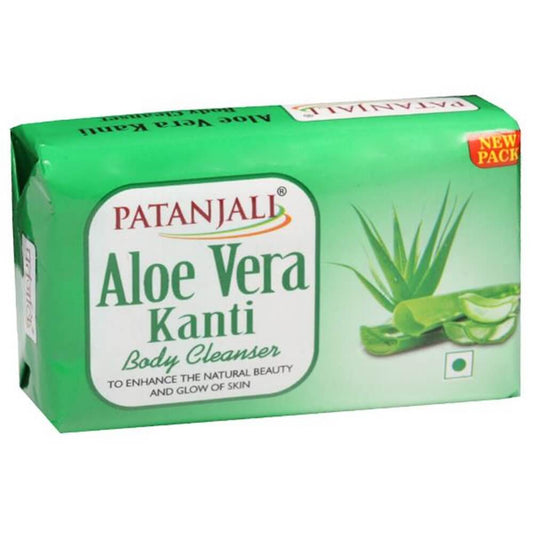 Patanjali Aloe Vera Kanti body cleanser packaging on a white background