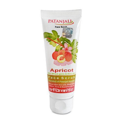 Patanjali Apricot Face Scrub in a tube with apricot and floral imagery, and text detailing the product name and benefits.
