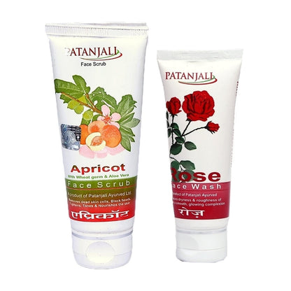 Two products from Patanjali, Apricot Face Scrub and Rose Face Wash, in white tubes with branding and floral imagery.