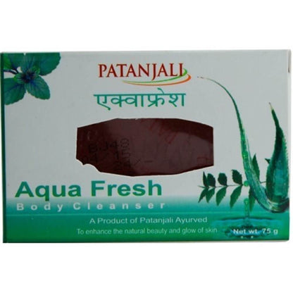 Patanjali Aqua Fresh Body Cleanser packaging with green leaves and aloe vera plant on a white background