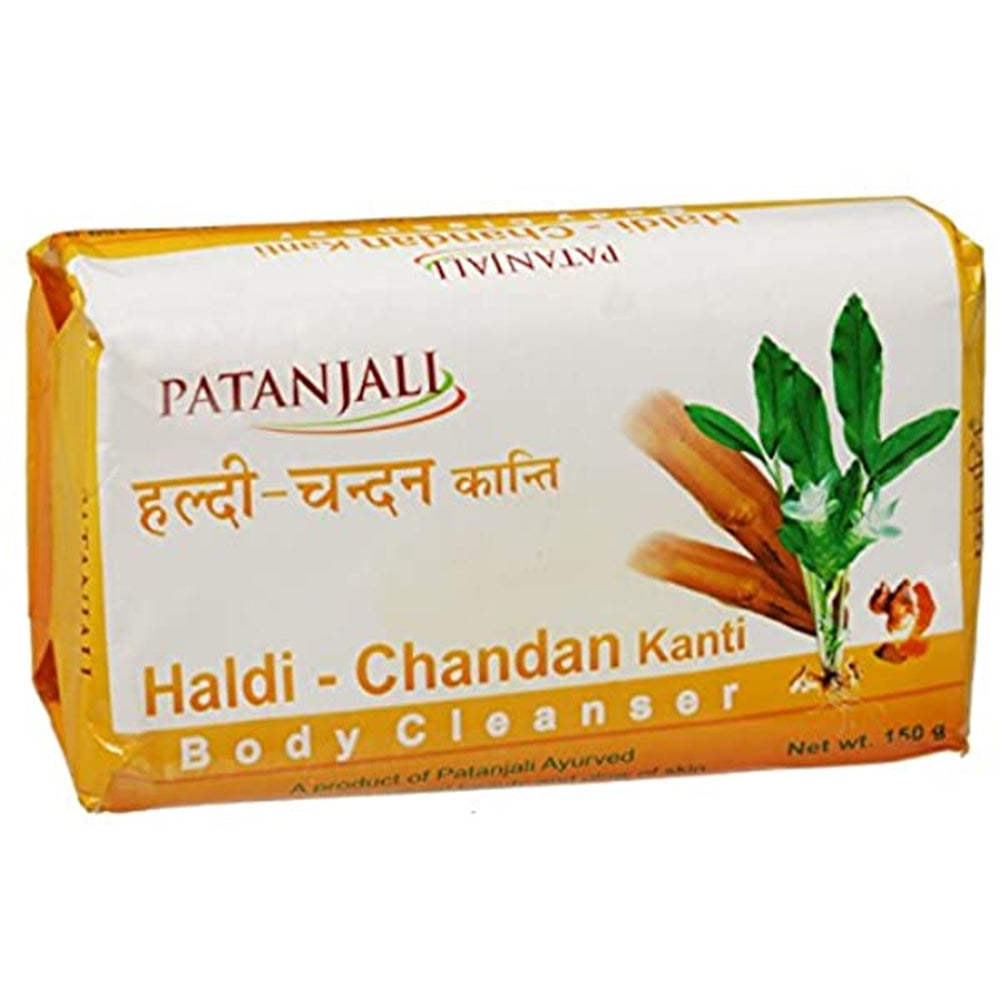 Patanjali Haldi Chandan Kanti Body Cleanser in a yellow package with branding and product name displayed