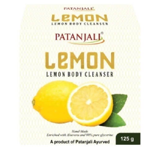 Patanjali Lemon Body Cleanser packaging with lemons and text on a white background