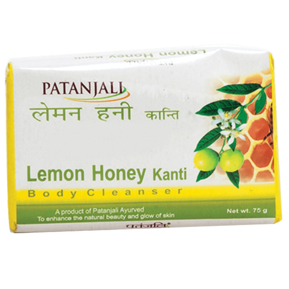 Patanjali Lemon Honey Kanti body cleanser bar on a white background