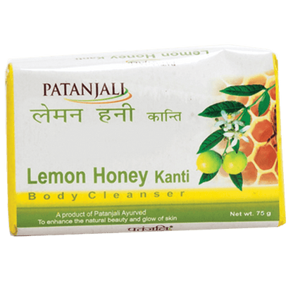 Patanjali Lemon Honey Kanti body cleanser bar on a white background
