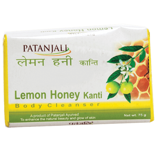 Patanjali Lemon Honey Kanti body cleanser bar on a white background