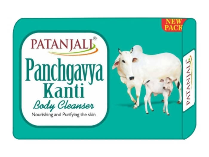 Patanjali Panchgavya Kanti body cleanser packaging with cows on a teal background