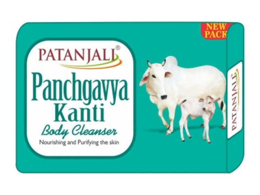 Patanjali Panchgavya Kanti body cleanser packaging with cows on a teal background