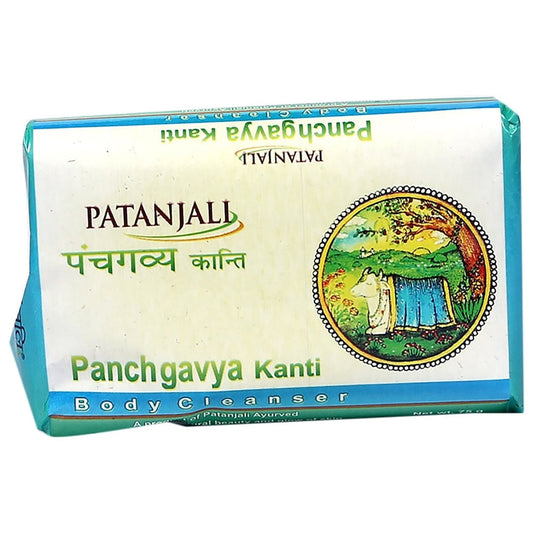 Patanjali Panchgavya Kanti Body Cleanser packaging with branding and product name, featuring an illustration of a person bathing.