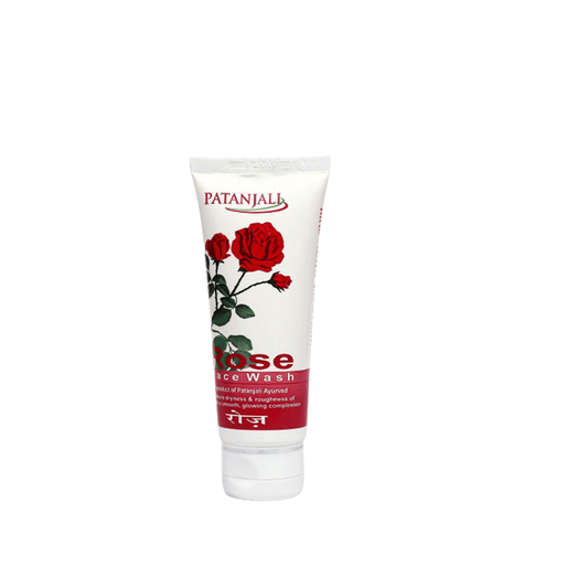 Patanjali Rose Face Wash in a white tube with red and green floral design and product details in English.