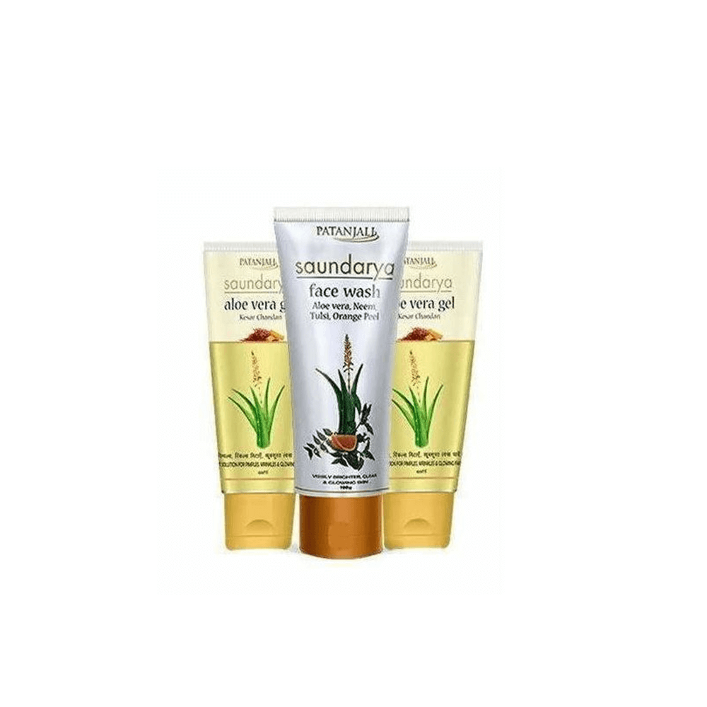 Patanjali Saundarya Face Wash and Aloe Vera Kesar Chandan Combo Pack, with one tube of face wash and two tubes of aloe vera gel, packaging displaying the products and their benefits.