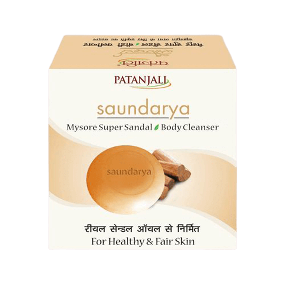 Patanjali Saundarya Mysore Super Sandal Body Cleanser packaging with product information and branding visible.
