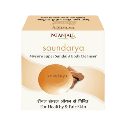 Patanjali Saundarya Mysore Super Sandal Body Cleanser packaging with product information and branding visible.