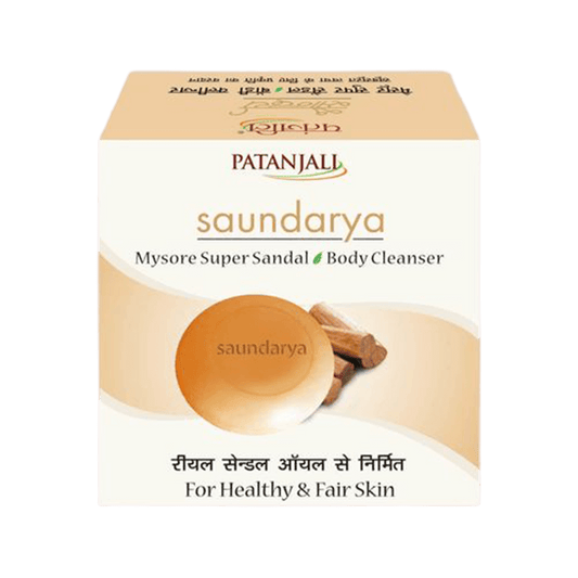 Patanjali Saundarya Mysore Super Sandal Body Cleanser packaging with product information and branding visible.