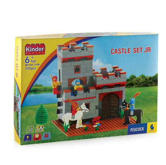 Box of Kinder Blocks Castle Set JR with toy castle and figures on a scenic background