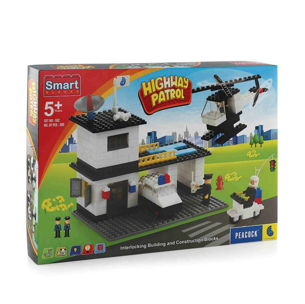 Toy building block set packaging for 'Highway Patrol' with a police station and helicopter model.