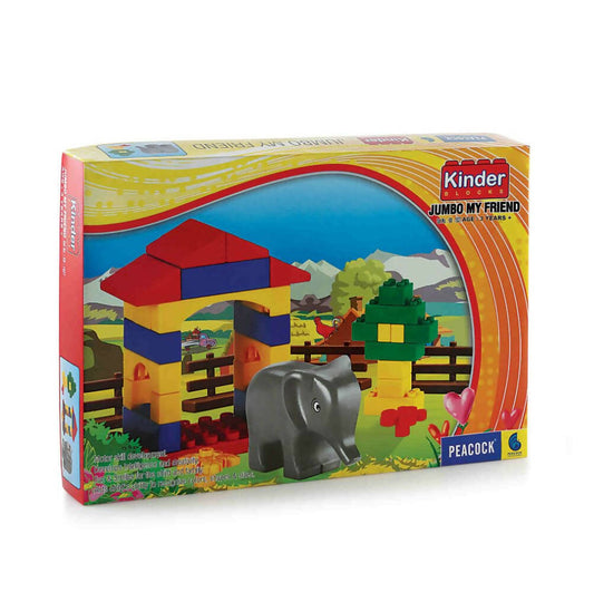 Colorful Kinder building block set packaging with an elephant figure on a white background