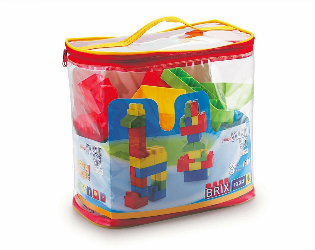 Colorful building block set in a transparent bag with a red handle on a white background