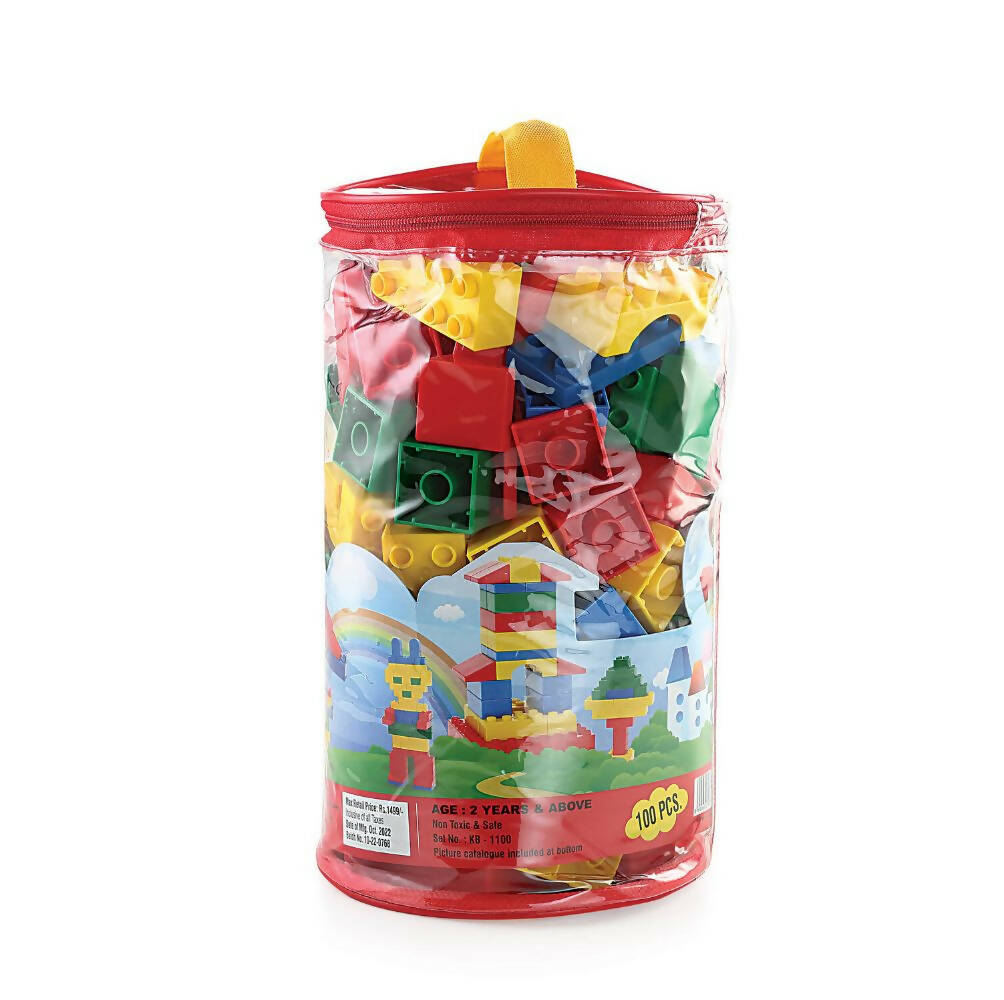 Colorful building blocks in a transparent container with a red lid on a white background