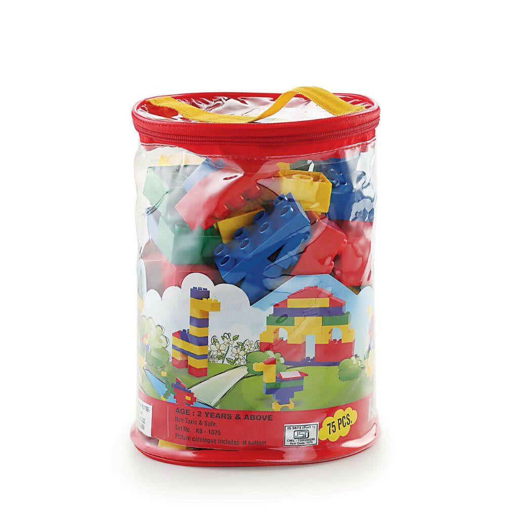 Toy building block set in a clear container with a red lid on a white background