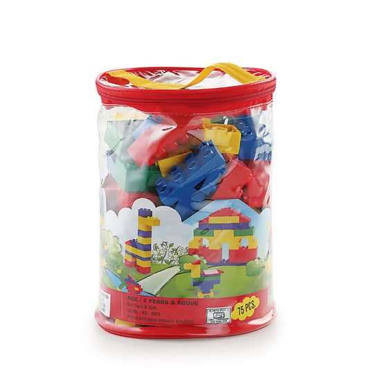 Toy building block set in a clear container with a red lid on a white background
