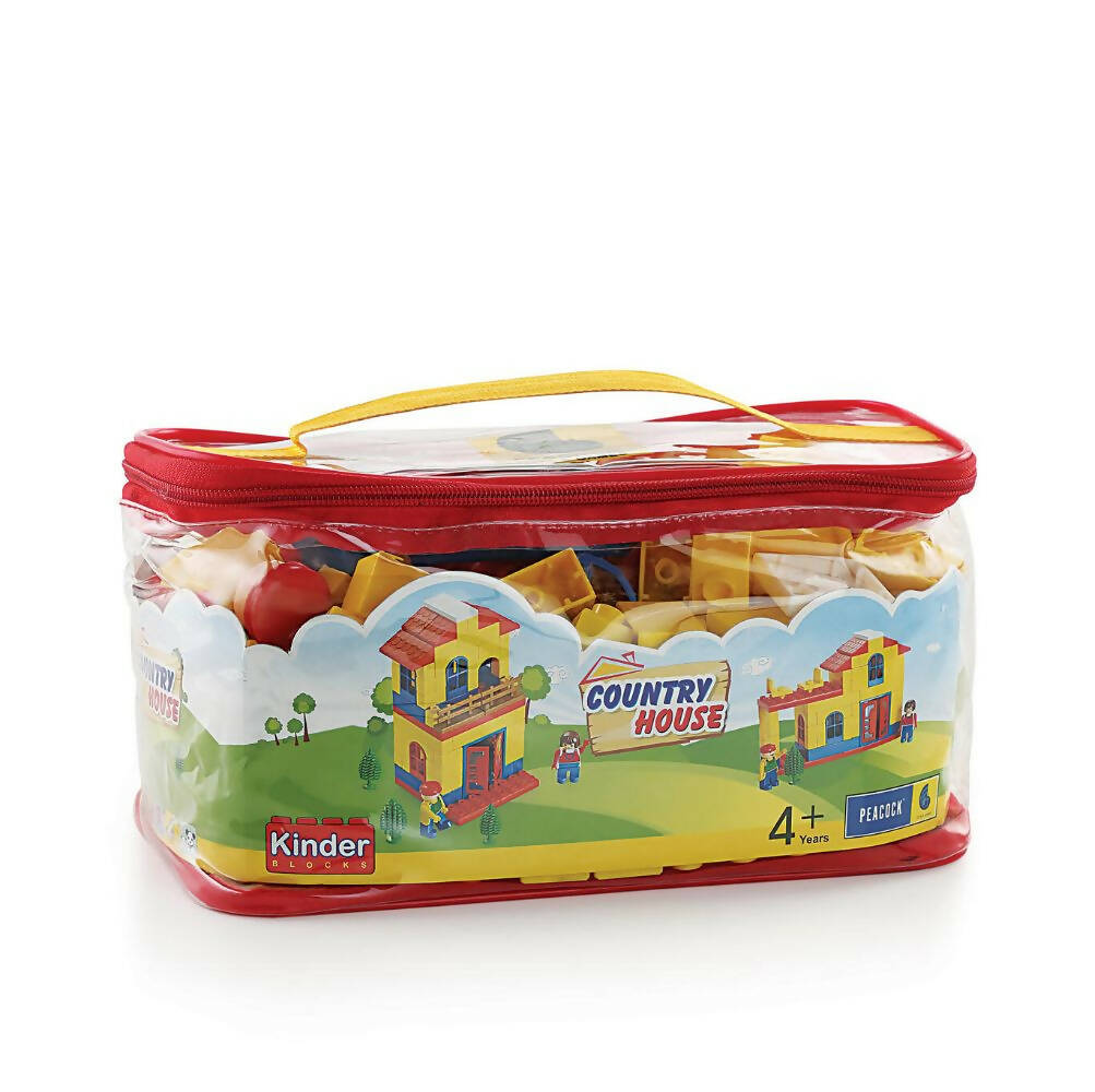 Toy building set in a red carrying case with 'Kinder' branding on a white background