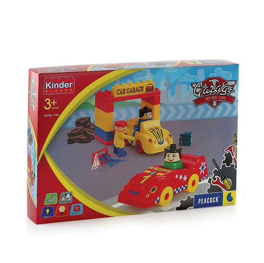 Toy set packaging with a car and building blocks on a white background