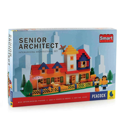 Box of Senior Architect interlocking architectural set with colorful houses and people on a cityscape background.