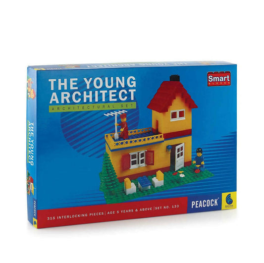 Box of 'The Young Architect' architectural set with a colorful house model on a blue background.