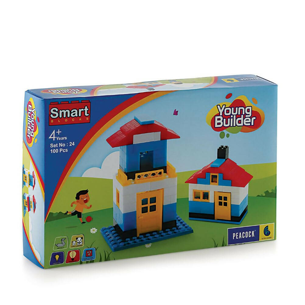Box of Smart Blocks Young Builder set with colorful houses on a white background