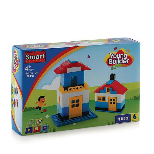 Box of Smart Blocks Young Builder set with colorful houses on a white background