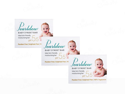 Three packages of Pearldew Baby Syndet Bar on a white background