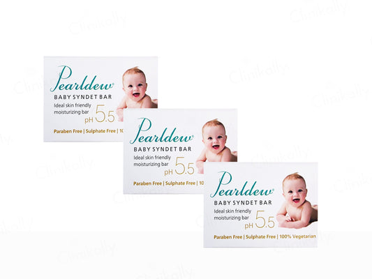 Three packages of Pearldew Baby Syndet Bar on a white background