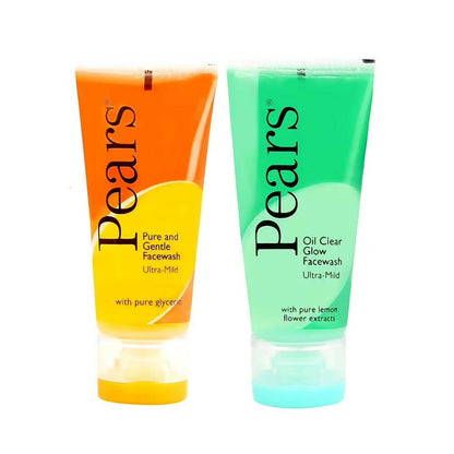 Two Pears facewash tubes, one orange and one green, on a white background.